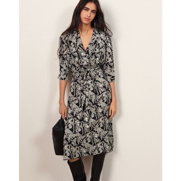 BA&SH Womens Imy Printed Midi Dress US 2 Black White V Neck 3/4 Sleeve Wrap - Picture 1 of 12